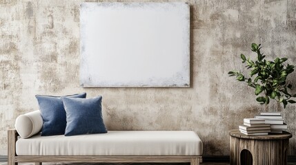 Modern living room setup featuring a blank wall art poster mockup above a minimalist sofa, stylish cushions, and decorative plants. Ideal for home decor inspiration.