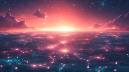 A neon cyber grid stretching across the world signifying artificial intelligence internet of things and seamless communication