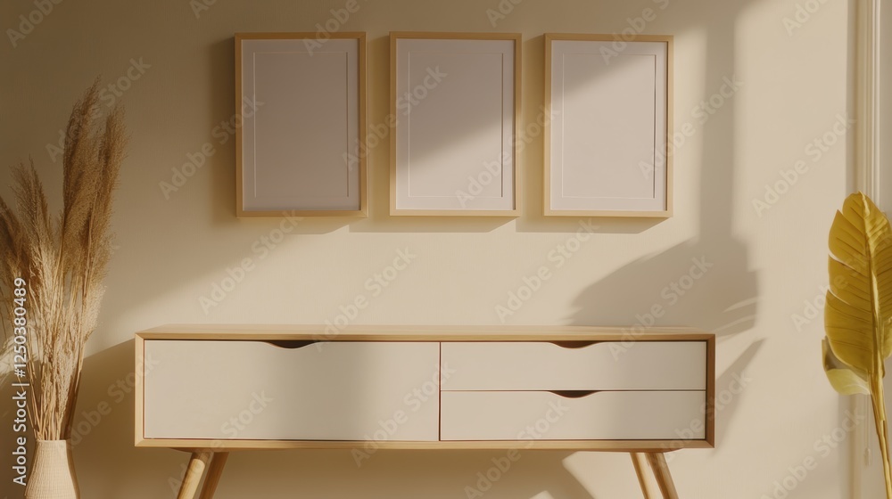 Poster modern wall art display featuring three empty frames on a light-colored wall above a stylish console