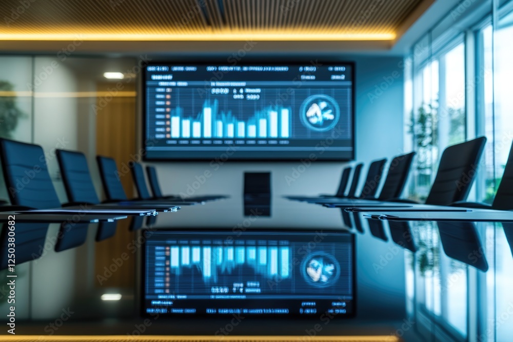 Poster modern boardroom with large screen displaying financial data and charts, reflecting on the polished 