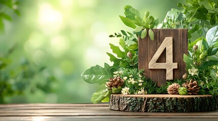 Fototapeta premium Rustic wooden number 4 with pinecones and fresh green leaves on a natural wooden backdrop Minimal simple nature inspired design with organic eco friendly elements