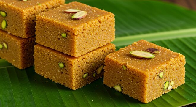 Dense, golden squares of Mysore Pak (gram flour and ghee sweet) on a green banana leaf, their porous texture glistening with sugar syrup.