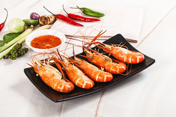 Boiled tiger prawn with sauce