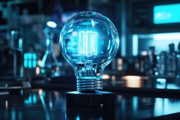 A glowing lightbulb sits on a dark surface in a futuristic laboratory setting, symbolizing innovation and discovery.