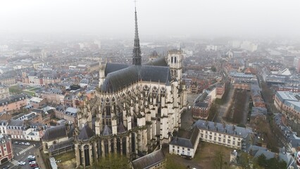 Amiens Gothic Cathedral and Cityscape on Foggy Day