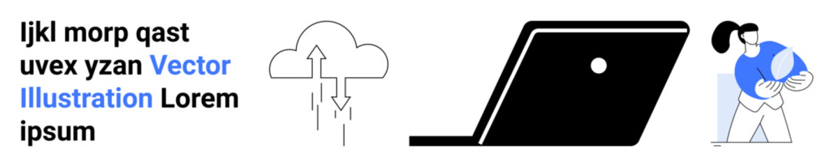 Cloud and arrows symbolizing data exchange, laptop for work and security, person collaborating with tech. Ideal for tech trends, remote work, cloud storage, teamwork, and innovation abstract line