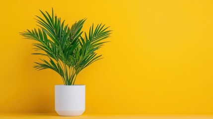 Lush Green Tropical Plant in White Pot Against Vibrant Yellow Background