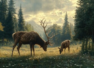 Majestic deer in a serene mountain meadow at sunrise