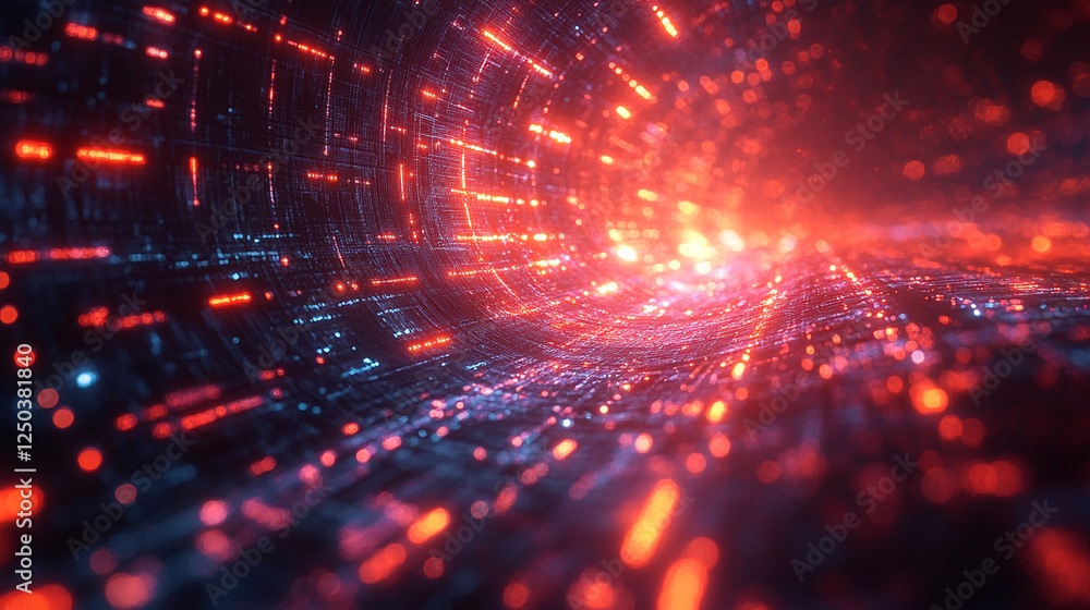 Poster abstract digital tunnel red orange glowing lines network data stream art flow cyber space light
