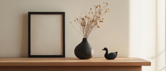 Minimalist interior scene featuring an empty black frame, dried flowers in a modern vase, and a decorative bird accent on a wooden shelf. Home decor template.