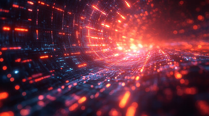 Obraz premium Abstract Digital Tunnel Red Orange Glowing Lines Network Data Stream Art Flow Cyber Space Light 