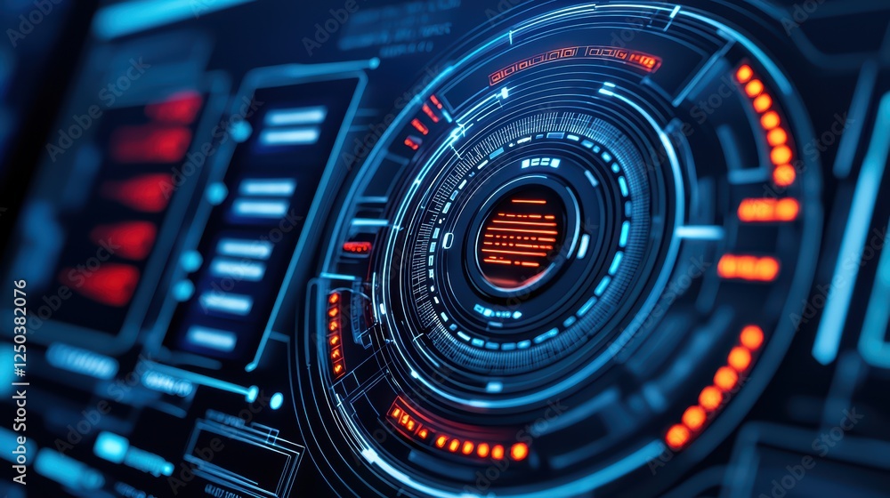 Poster futuristic technology interface with circular neon elements and data