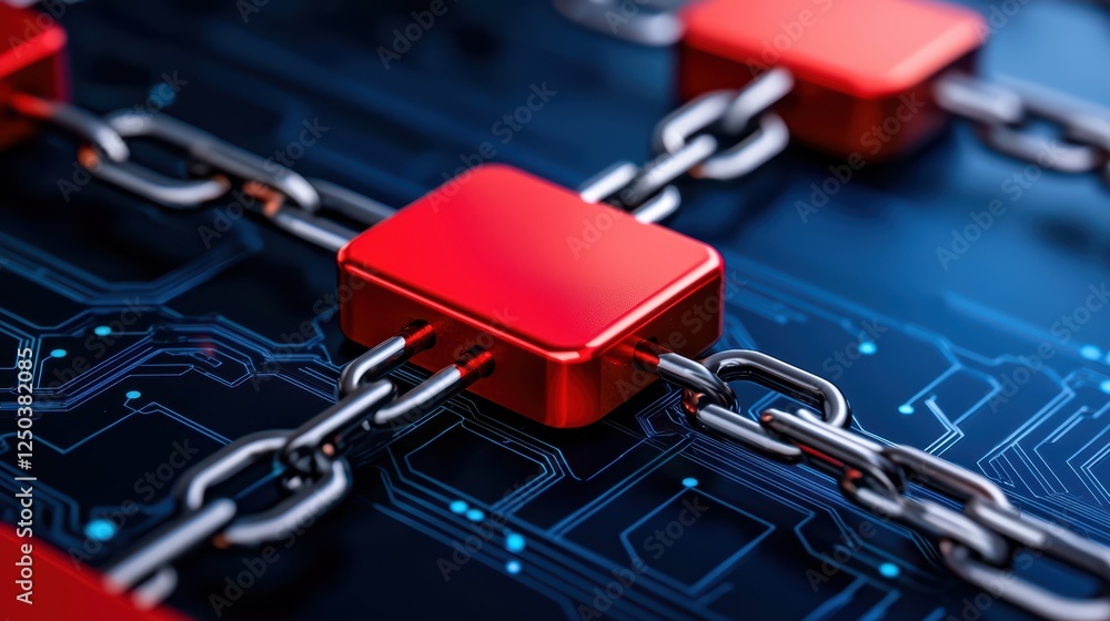Poster red blocks connected by chain links on digital background design