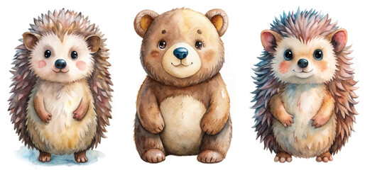 Fototapeta premium Cute animal illustrations, watercolor style, hedgehog and bear characters, children's art, playful design.
