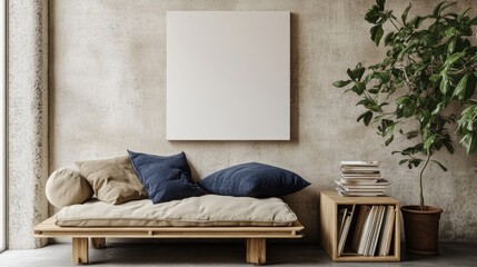 Minimalist living room scene featuring a blank canvas wall art mockup above a cozy daybed with decorative pillows, houseplants, and natural wooden furniture. Interior design. Template. Ready to use.