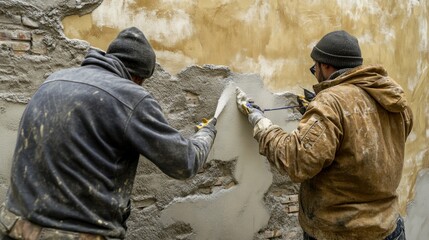 Fototapeta premium Workers casting cement for an elaborate fountain design, focusing on intricate textures and details