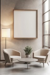 Fototapeta premium Minimalist living room setup featuring empty frame wall art mockup, cozy armchairs, round coffee table, potted plant, and warm natural light for interior decoration.