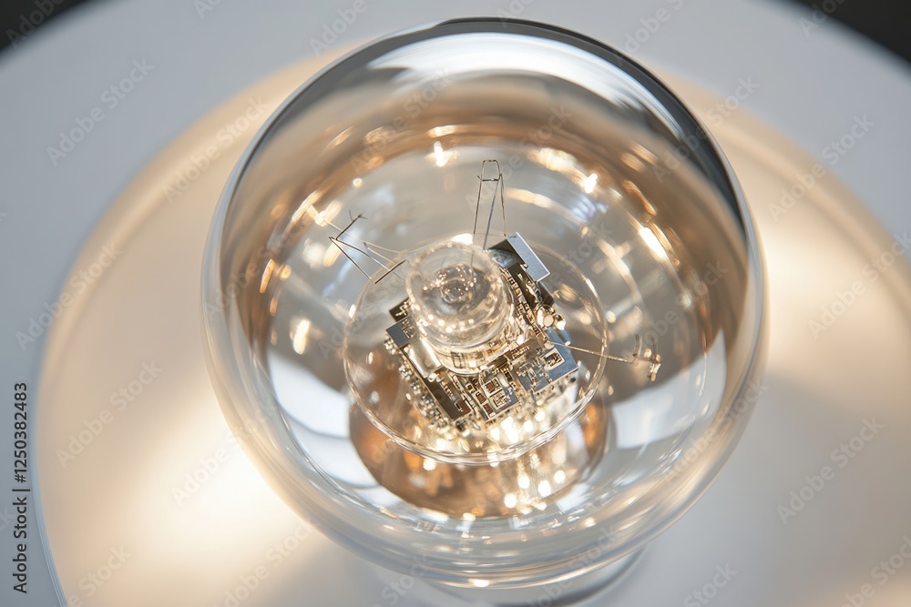 Poster a close-up view of a transparent light bulb revealing intricate internal components and circuitry.