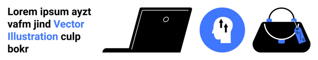 Laptop, head with arrows symbolizing growth, black handbag with tags. Ideal for productivity, business, learning, self-improvement, entrepreneurship, personal styling flat landing page banner