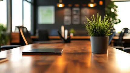 Clean Wooden Desk Setup in Modern Office with Bokeh Background