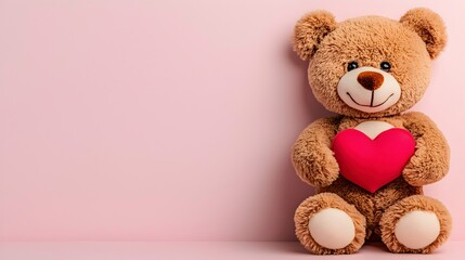 Obraz premium Cute Teddy Bear Holding a Heart Plush on Soft Pink Background