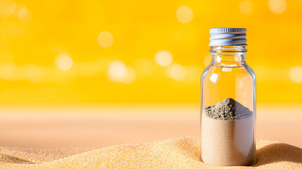 Obraz premium Glass Bottle with Sand and Fine Powder on Blurred Background