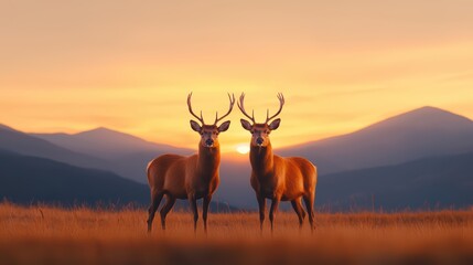 Fototapeta premium Majestic Deer Standing Silently Against a Golden Sunset Background