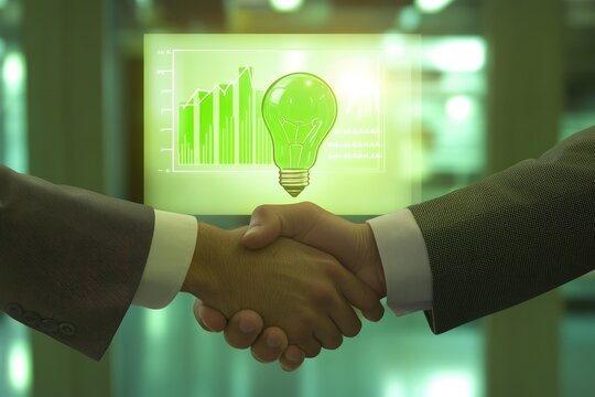 Business partnership for green energy growth, symbolized by a handshake and a rising graph.
