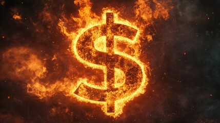 Burning Dollar Sign on Flames Symbolizing Economic Collapse Concept