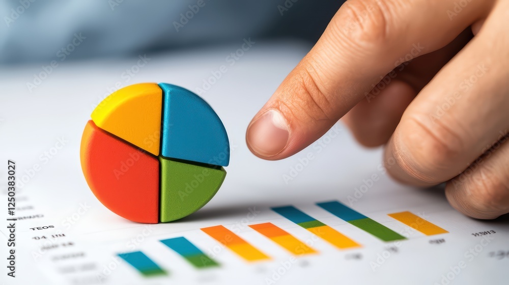 Poster colorful pie chart and finger on data chart analysis