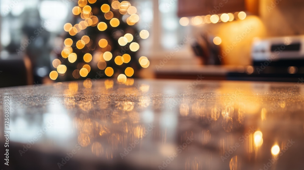 Poster frosted countertop with bokeh lights and christmas tree background