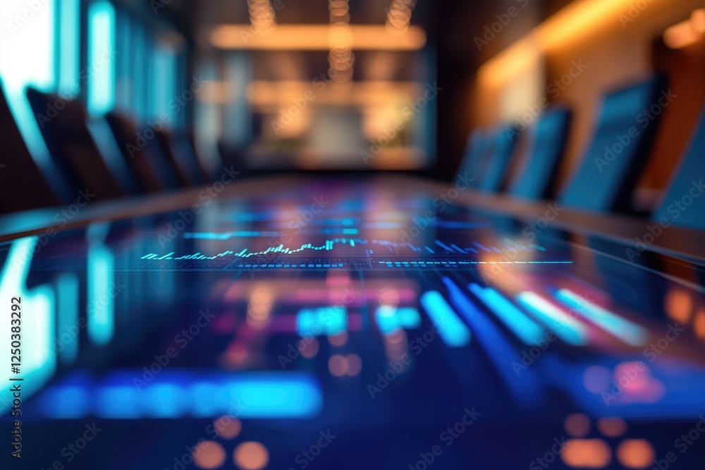 Poster financial data displayed on a large screen in a modern conference room, showing charts and graphs.