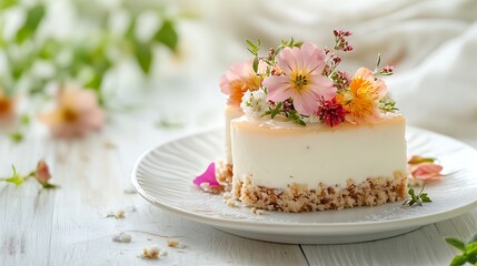 Delicate Flower Adorned Cheesecake Slice Delight