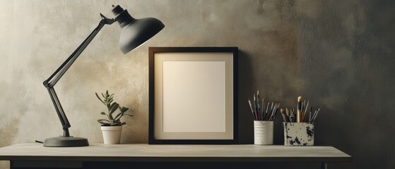 Minimalist workspace with blank poster frame, stylish desk lamp, potted plants, and art supplies. Perfect for interior design mockups or home decor projects. Template.