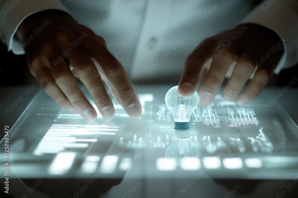 Poster a person's hands interact with a glowing digital lightbulb on a transparent screen displaying data, 