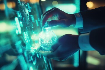 A person holding a glowing lightbulb over a digital interface, symbolizing innovation and technological advancement.