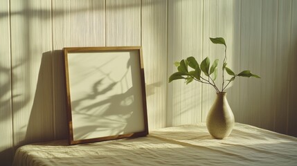 Mockup of a minimalist wall art frame on a wooden table, featuring a ceramic vase with greenery, soft natural light, and serene ambiance. Perfect for home decor.