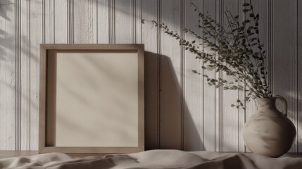 Mockup of a minimalist wall art frame placed on a textured surface, featuring natural light and elegant decor elements like a vase and greenery. Interior design template.