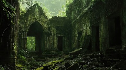 Ancient Ruins: Lost Temple reclaimed by Nature's Embrace and Greenery