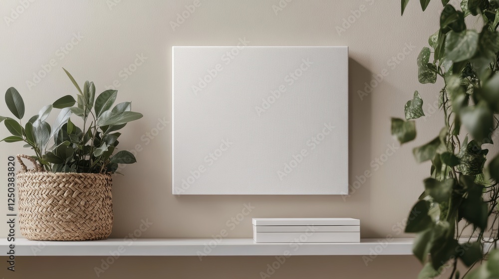 Poster mockup of blank wall art poster displayed on a minimalist shelf with greenery, creating a calming at