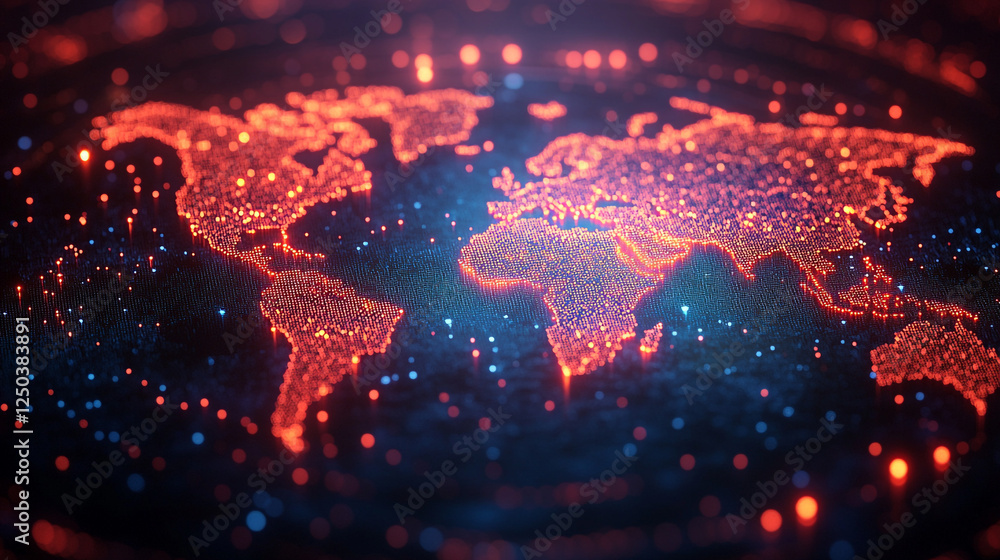 Poster global network digital world map orange red glowing dots technology data light space globe future