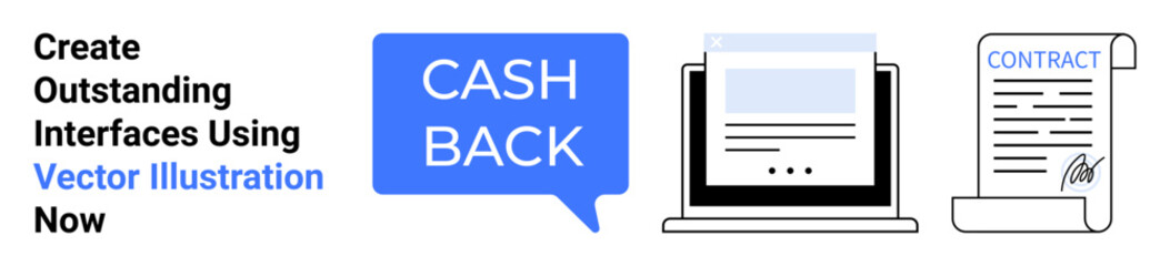 Cashback message in speech bubble, laptop screen displaying webpage, signed contract document. Ideal for finance, online deals, customer rewards, e-commerce, agreements, business transactions flat