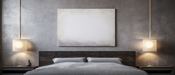 Modern bedroom interior featuring a large blank poster canvas above a stylish headboard, complemented by bedside lamps and minimalist decor. Home staging template.