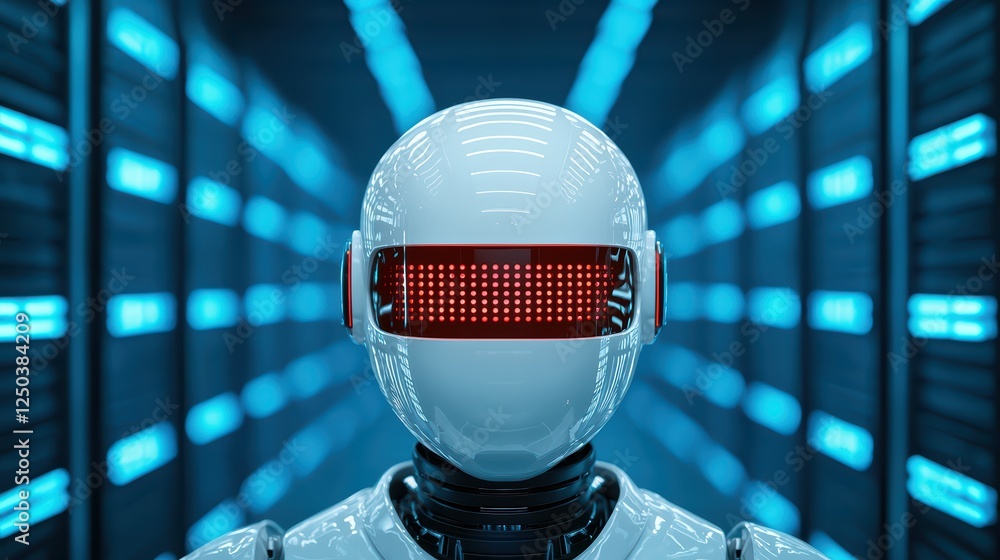 Poster futuristic robot with led eyes in a high-tech environment