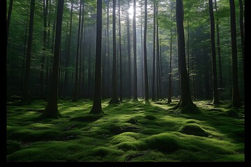 Obraz premium Sunbeams in mossy forest floor