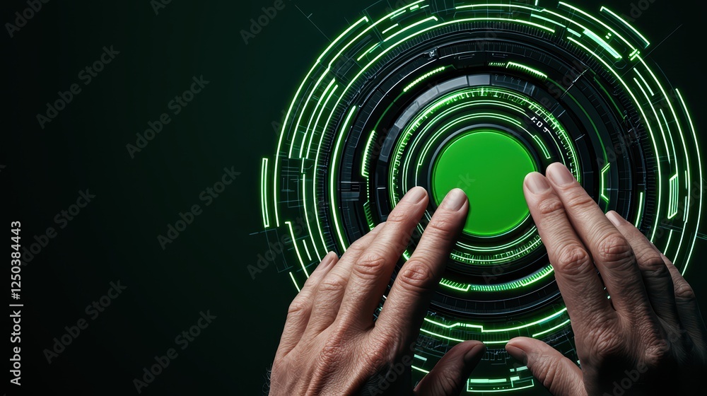 Poster hands touching futuristic circular interface with green glow effect