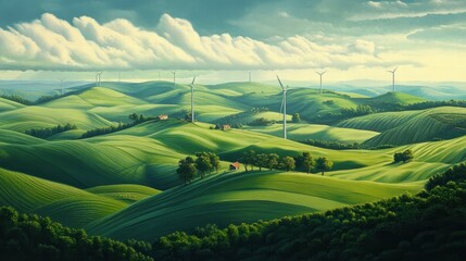 Wind Farm on Rolling Green Hills Under a Cloudy Sky