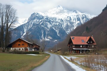 Obraz premium Mountain village road, snowy alps, houses, winter