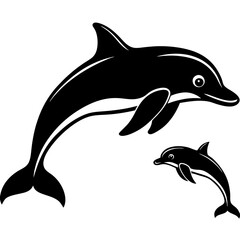 Dolphin mother with baby swimming silhouette vector illustration 