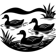 Ducks swimming on a river silhouette vector illustration 